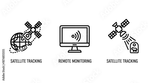 Satellite Tracking and Remote Monitoring Icons showing Global GPS Surveillance, Signal Transmission, and Livestock Location Management