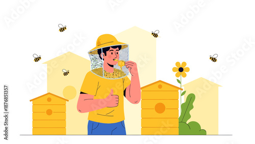 Beekeeper Enjoying Fresh Honey At The Bee Yard Giving A Thumbs Up