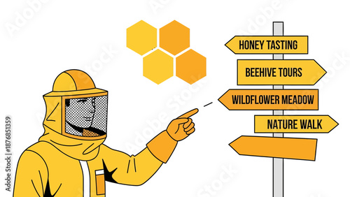 Beekeeper Suggesting Beehive Tours and Honey Tasting in the Wildflower Meadow