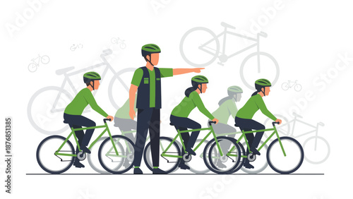 Bicycle Tour Guide Instructing Group On Safe Cycling Route Direction Strategy
