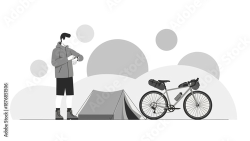 Bikepacking Expedition Man Checking His Watch Near Tent and Bicycle Illustration