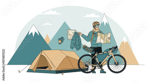 Bikepacking Adventure Preparing Gears and Reading Map in Snowy Mountain Landscape
