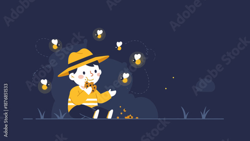 Boy Enjoying Cookie Surrounded With Fireflies In The Night Minimalist Illustration