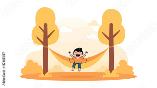 Boy Enjoying Hammock Between Trees In Autumn Cartoon Illustration