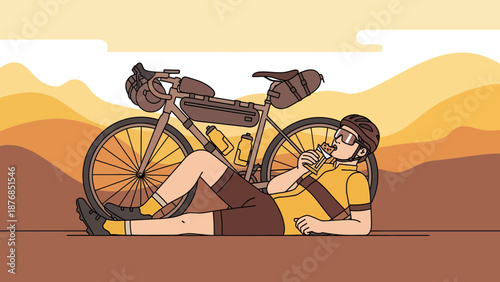 Biker Takes A Break Resting On The Ground And Eating A Protein Bar