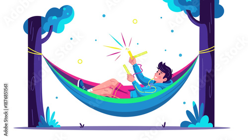 Boy Enjoying In Hammock With Sparklers Amidst Trees On Summer Vacation
