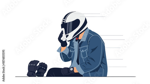 Biker Wiping Visor Wearing Helmet And Jacket Resting On A Journey