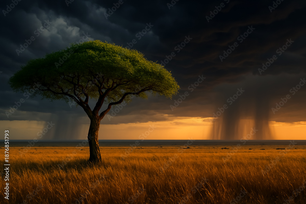 Fototapeta premium Solitary Tree in Stormy Savanna with Rainfall and Dramatic Sky, Golden Horizon Light Breaking Through Clouds, Nature’s Contrast of Calm and Chaos, Symbolic Landscape for Editorial and Conceptual Use
