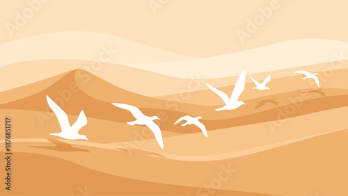 Birds Fly Over Calm Desert Scene In Warm Earth Tones Peaceful Artwork