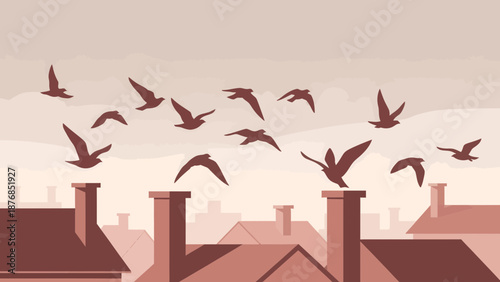 Birds Flying Over Urban Landscape Minimalist Illustration Evening Scene Flat Design
