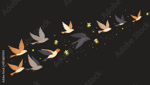 Birds Flying Together With Fireflies In The Dark Night Minimalist Style