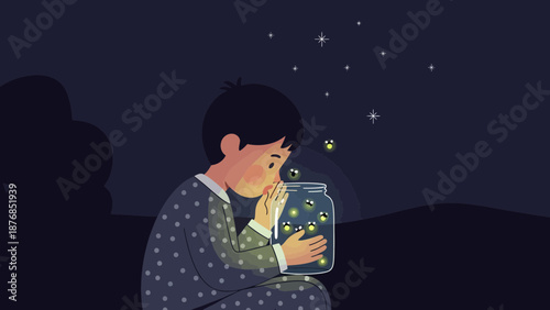 Boy Gazing At Fireflies In A Jar On A Starry Night Illustration
