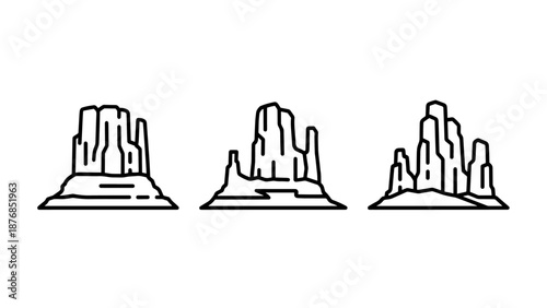 Minimalist line art icons of desert mesas and mountain buttes for travel and landscape design