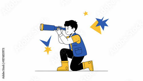 Boy Gazing Through Telescope For Future Business Vision And Opportunity
