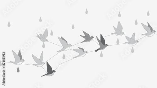 Birds In A Row Linked By Strings In The Rain Concept Illustration
