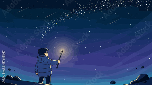 Boy Gazing At Night Sky And Holding Glowing Stick Under Starry Constellations