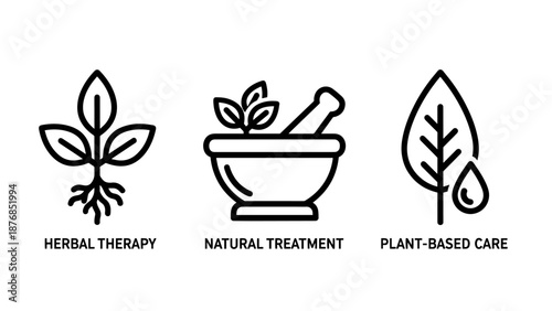Herbal therapy and natural treatment icon set representing plant-based care and holistic medicine