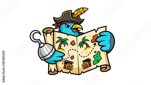 Blue Bird Pirate Finding Treasure on the Caribbean with a Map