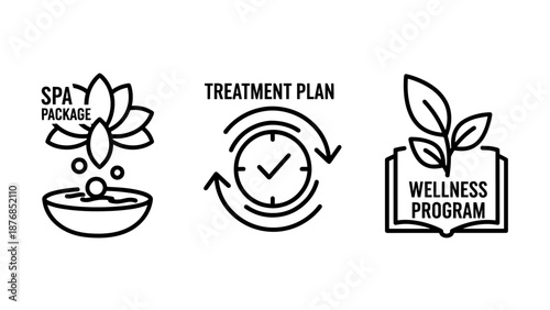 Wellness program management icons featuring spa packages, treatment planning, and holistic care guides
