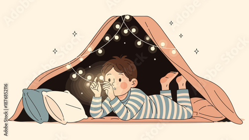 Boy In Pajamas Lying In A Homemade Tent with Lights at Home