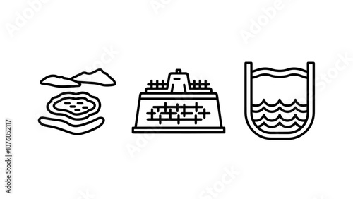 Archaeology and Geography Icon Set Featuring Tropical Island, Ancient Temple Ziggurat and Water Basin