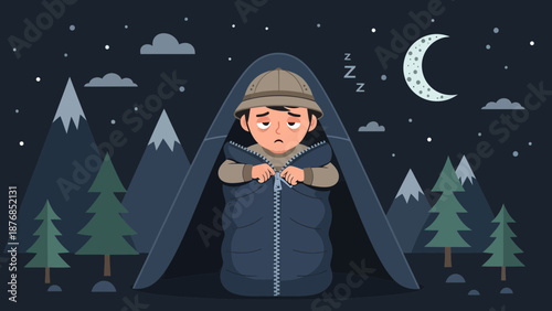 Boy In Sleeping Bag Camping Under Starry Night Experiencing Insomnia
