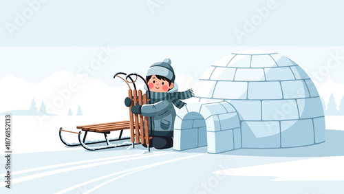Boy In Winter Clothes Holding Sleigh Standing Next To Igloo In A Snowy Landscape