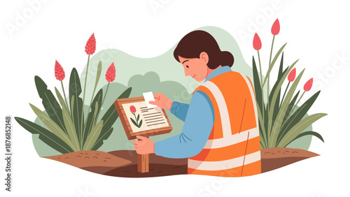 Botanical Expert Identifies Plant Species in Garden with Informational Sign