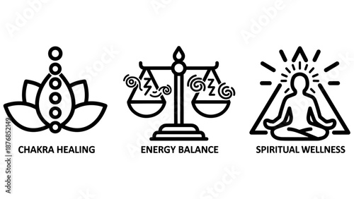 Holistic Wellness and Spiritual Healing Icon Set for Chakra Balancing, Energy Scales and Meditation