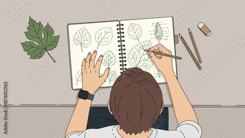 Botanical Illustration Project Person Sketching Leaves in a Notebook
