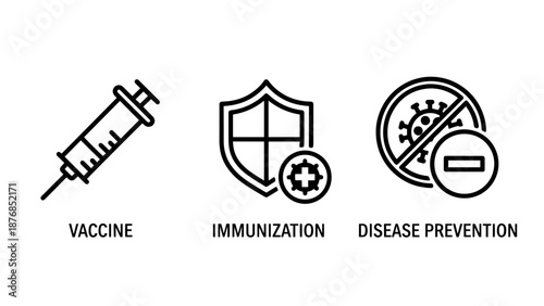 Medical Immunization and Disease Prevention Icons Set with Vaccine Syringe, Protective Shield and Virus Block