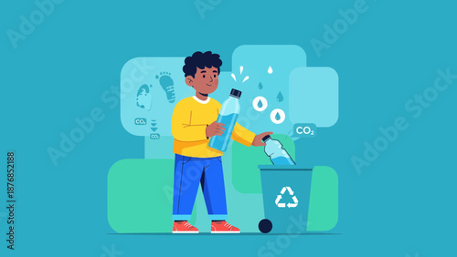 Boy Is Recycling Plastic Bottles To Reduce Carbon Footprint For Environment