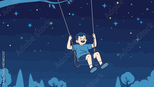 Boy On A Swing Underneath The Stars Nighttime Nostalgic Illustration