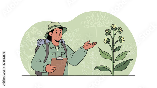 Botanist Inspecting Rare Plant In Natural Environment With Detailed Note