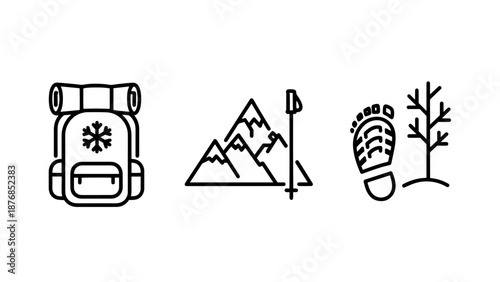 Outdoor Hiking and Winter Trekking Icons with Backpack, Mountain Peaks, Trekking Poles, and Footprint Symbols