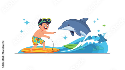 Boy Paddleboarding Near Dolphin Cartoon Illustration For Aquatic Adventures