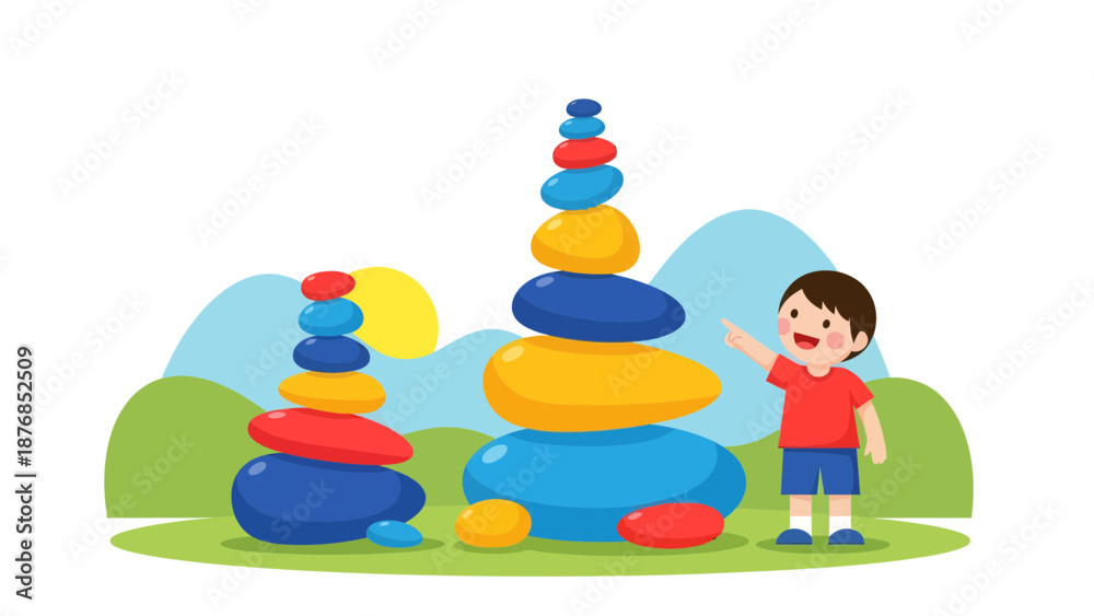Obraz premium Boy Playing With Stone Balancing Art In Outdoor, Zen Stacking Activity For Children