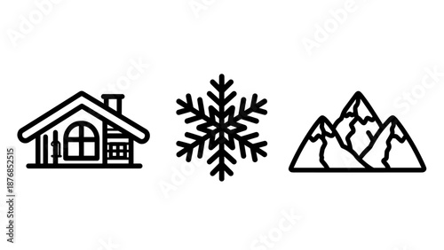 Mountain Ski Resort Icons Featuring a Cozy Alpine Chalet, Large Snowflake, and Jagged Peak Mountain Range