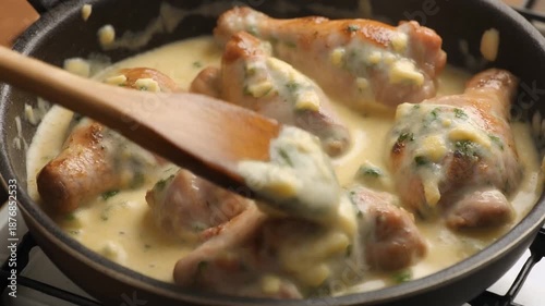 Stirring chicken drumsticks in creamy herb sauce in skillet.
