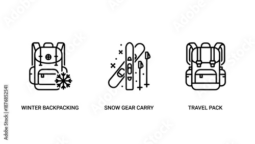 Winter Backpacking and Ski Equipment Icons Showcasing Outdoor Adventure Gear, Snow Ski Carry System, and Travel Rucksack for Tourism