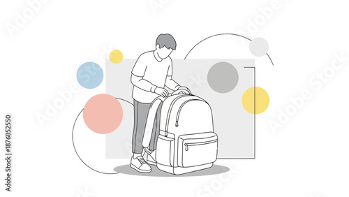 Boy Prepares His Backpack For A New School Day In A Simple Outlines