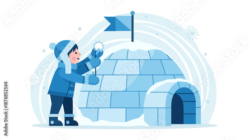 Boy Building Igloo Having Fun During Winter Season Vacation Trip Activity