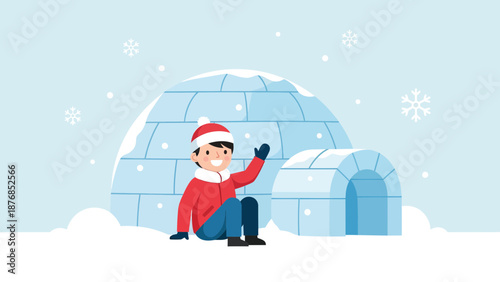 Boy Building Igloo Enjoying Winter Holiday Vacation Outdoors Snowy Weather Fun