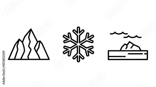 Polar Environment and Glacial Nature Icons Representing High Mountain Peaks, Snowflake Symbol, and Floating Iceberg for Environmental Studies