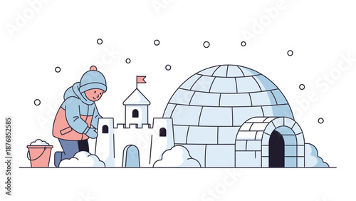 Boy Building Snow Castle And Igloo In Winter Vector Illustration
