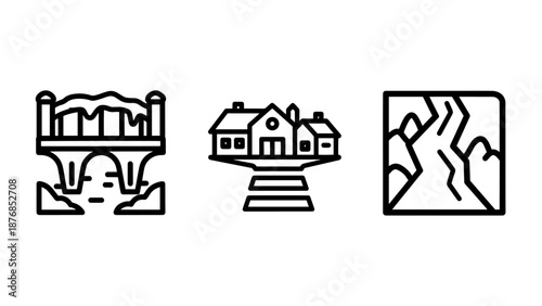 Winter Architecture and Rural Scenery Icons Showcasing Snow Covered Stone Bridge, Village Houses, and Winding Frozen River Trail