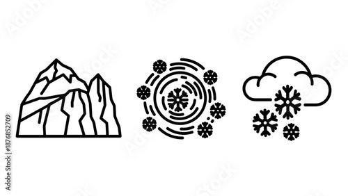 Severe Winter Storm and Meteorological Icons Depicting Glacial Mountain Peak, Swirling Snow Blizzard, and Snowfall Storm Clouds