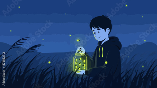 Boy Capturing Fireflies In Glass Jar During Nighttime Adventure Illustration