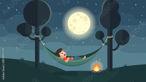 Boy Relaxing In Hammock Under Moonlight With Campfire Outdoor Adventure