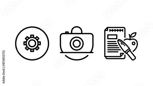 Creativity and Productivity Lifestyle Icon Set with Camera Settings Gear and Education Notebook